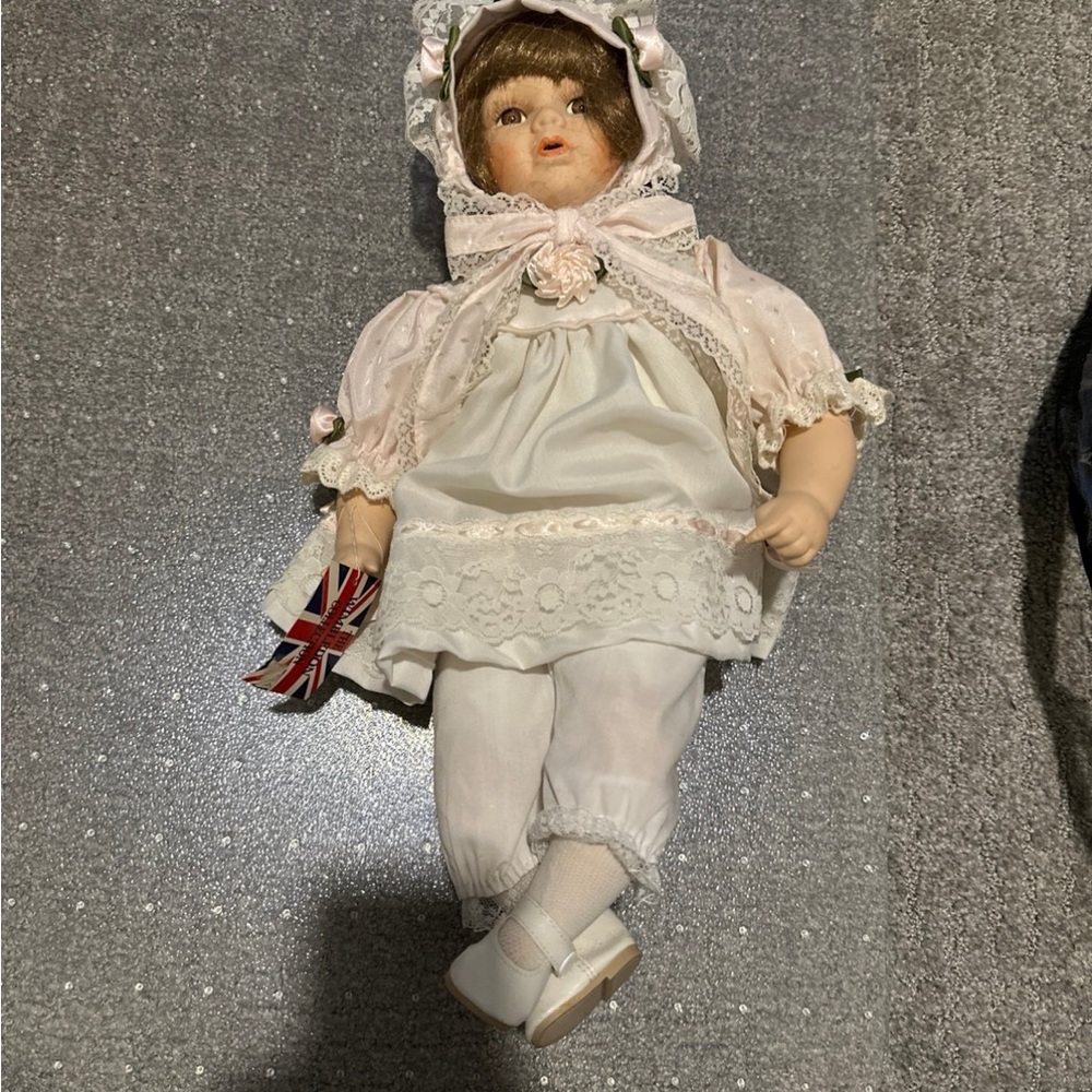 Vintage Porcelain Doll in White Dress